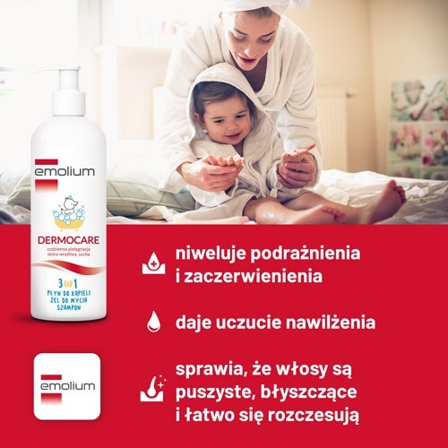 Emolium Dermocare 3w1 Płyn do kąpieli, żel do mycia i szampon, 400 ml