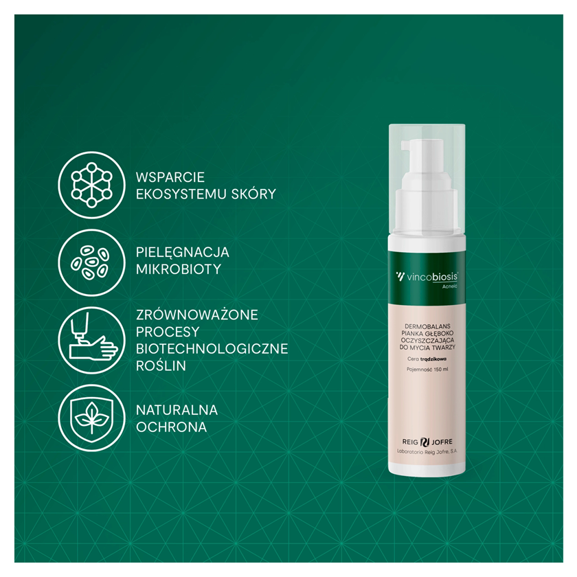 Vincobiosis Acneic Dermobalans Pianka głęboko oczyszczająca do mycia twarzy, 150 ml