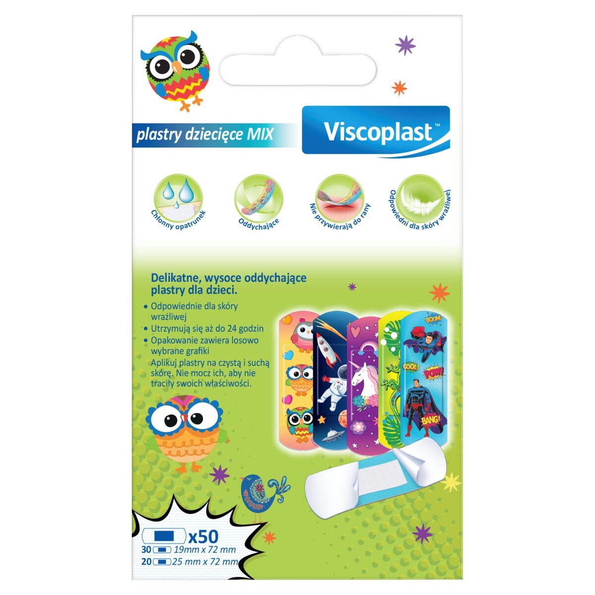 Viscoplast Mix Dekorowane Plastry dla dzieci 2 rozmiary, 50 sztuk